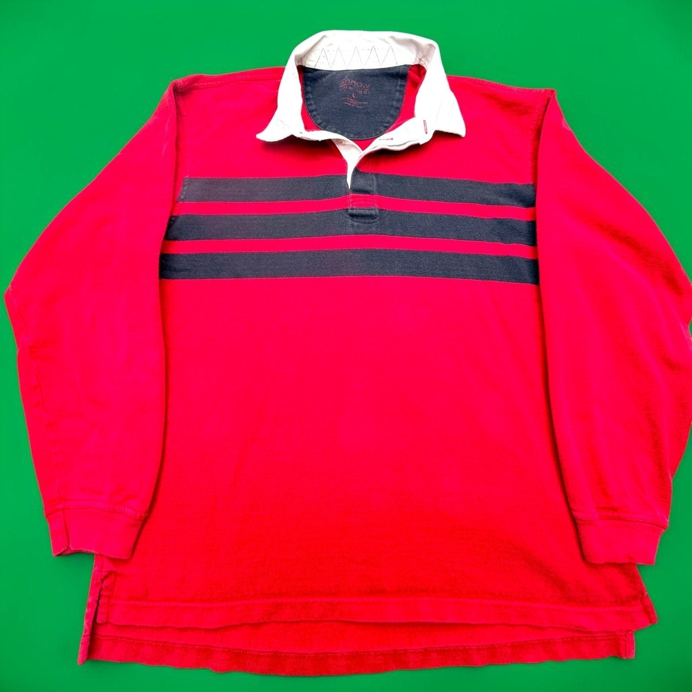Arrow USA 1851 Mens Vtg Rugby Shirt Lg Red Navy Blue Striped Long Sleeve Cotton
